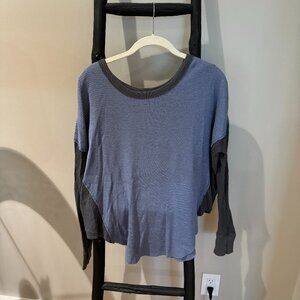 Free People Blue and Grey Waffle Knit Long Sleeve T-Shirt